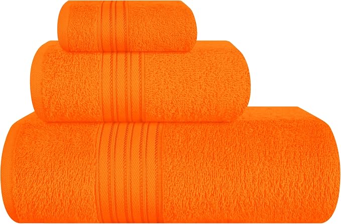 BOUTIQUO Ultra Soft 3 Pack Cotton Towel Set, Contains a Bath Towels 28x55 inch, a Hand Towels 16x24 inch & a Wash Coths 12x12 inch, Ideal Everyday use, Compact & Lightweight - Orange
