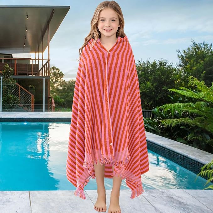 VOOVA & MOVAS Hooded Bath Towels for Teens/Big Kids (12Years Up) | Soft Absorbent 100% Cotton Thick Towel Wrap | Versatile Beach, Pool, Swim & Bath Cover-Up | RedPink