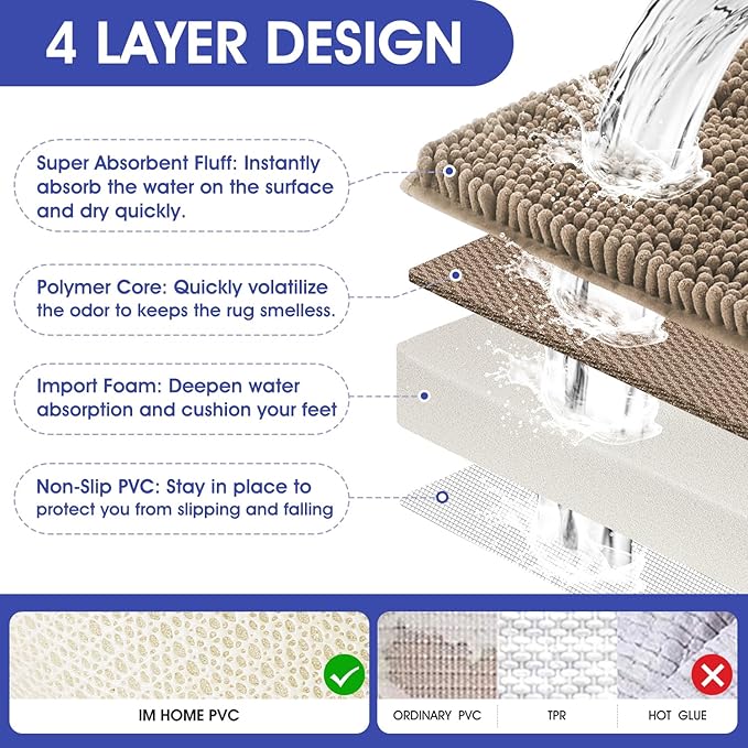 ACCUMTEK Striped Dark Beige Bathroom Rug Mat Set 2 piece 32"x20"+60"x20" Ultra Soft, Non Slip Chenille Bath Rugs, Absorbent Plush Shaggy Bath Mats for Bathroom, Bedroom, Kitchen, Shower, Tub,Taupe