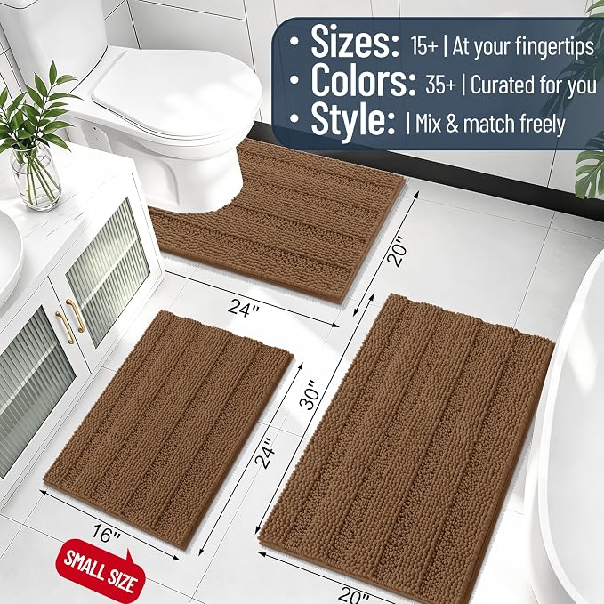 Smiry Thick Chenille Bathroom Runner Rugs 44x24, Extra Absorbent Striped Bath Mat, Machine Washable, Rubber Backing, Long Bath Rugs for Bathroom, Tub & Shower, Home Decor Accessories, Mocha