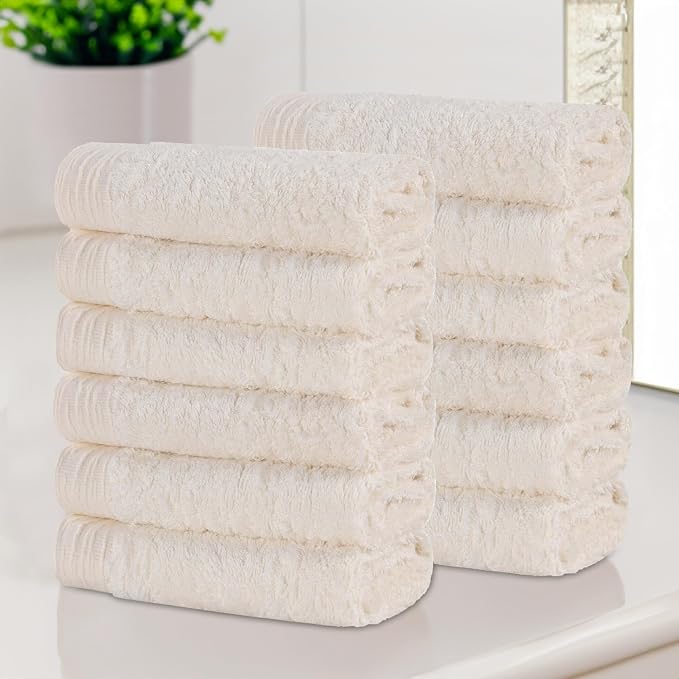 Superior Rayon from Bamboo Blend Face Towel/Washcloth Set, Luxury Quick Dry, Small Facial Towels, Spa, Hotel, Home, Bathroom Basics, Plush Soft Absorbent, Luxury Quick Drying, Set of 12, Ivory
