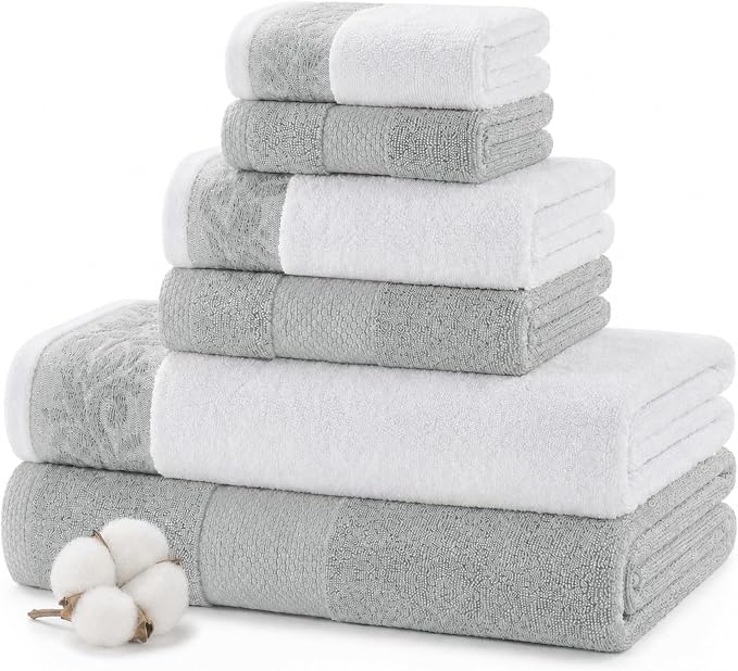 Modern Threads 600 GSM 6-Piece Towel Set with Filgree Jacquard Border, Silver