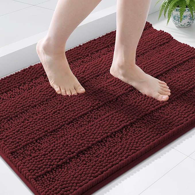 Grandaily Chenille Striped Bathroom Rugs 36x24, Extra Thick and Soft Absorbent Bath Mats, Rubber Backing, Plush Shaggy Shower Carpet, Machine Wash Dry, Bath Rug for Bathroom, Reddish Brown