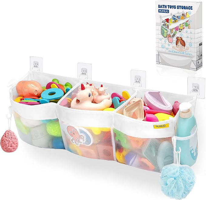 Bath Toy Organizer 3 Compartment Bath Toy Storage Bag Shower Caddy Quick Access Bathtub Toys Holder Baby Shower Games Tub Quick Dry Baby Bathroom Toys Storage Accessory White