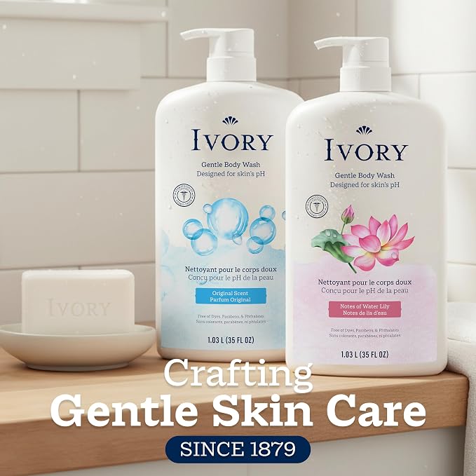 Ivory Body Wash, Designed for the Whole Family, Gentle Formula, Free of Dyes Heavy Perfumes Parabens Phthalates & Silicones, Designed for Skin's pH, Water Lily Scent, 35 oz