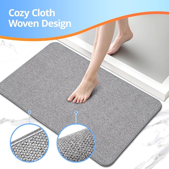 Upgraded Bath Mat 24x36Inch, Thin Bath Mats Rugs with Rubber Backing Non-Slip, Absorbent,Quick Dry Machine Washable, Home Decor Accessories Cozy Cloth Bathroom Rugs fit Under Door/Sink/Tub/Shower-Gray