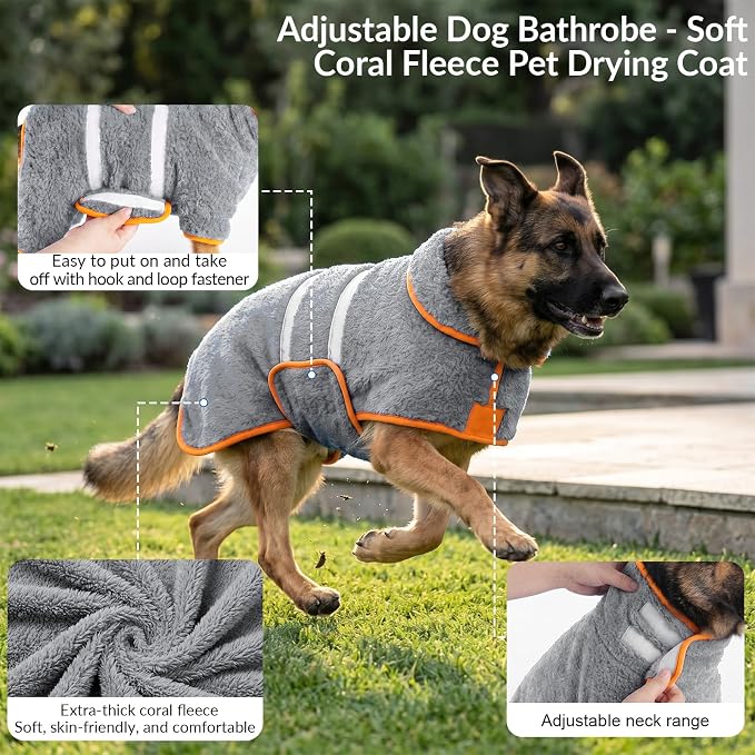 Bienbee Dog Bathrobe, Quick Drying Super Absorbent Pet Robes for Small Medium Large Dogs, Drying Coat for After Bath & Swim, Warm & Cozy Dogs Towels, Dog Puppy Bath Supplies, Gray L