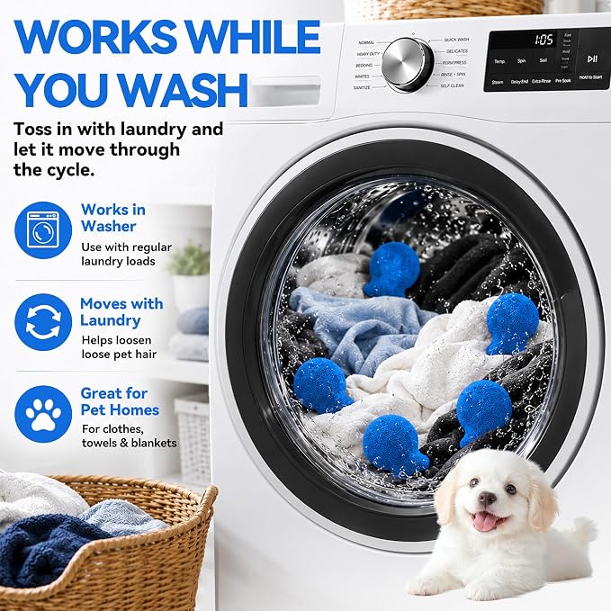 6 Pack Pet Hair Remover for Laundry, Reusable Washer & Dryer Lint Catcher for Dog & Cat Hair, Helps Reduce Fur on Clothes, Blankets, Bedding, Couch & Car Seats (Blue)
