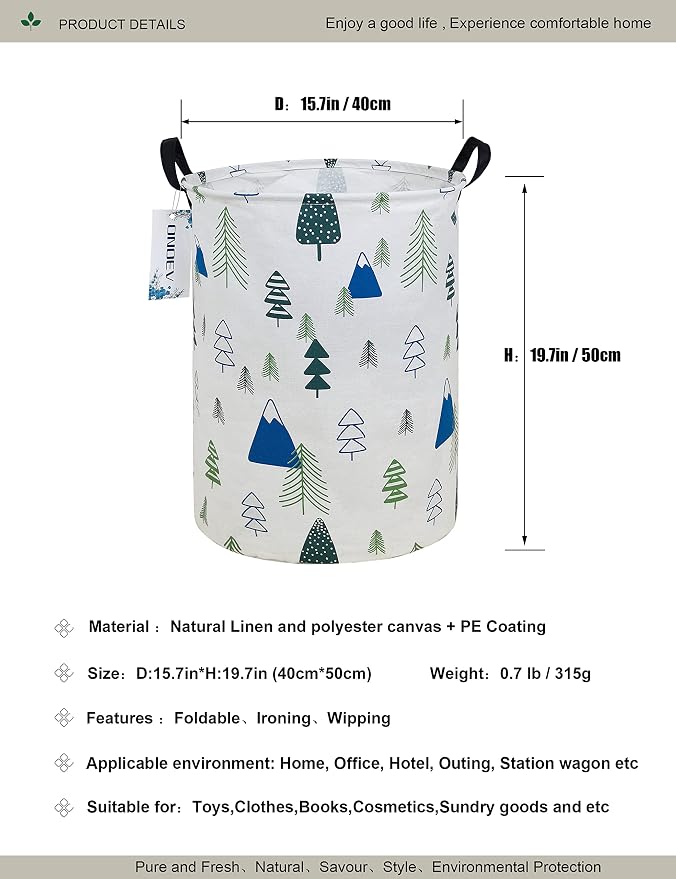 Round Forest Laundry Hamper, Household Storage Bin | waterproof foldable canvas bin with sturdy grip handles, large capacity, tidy organizer for bath linens and kids garments