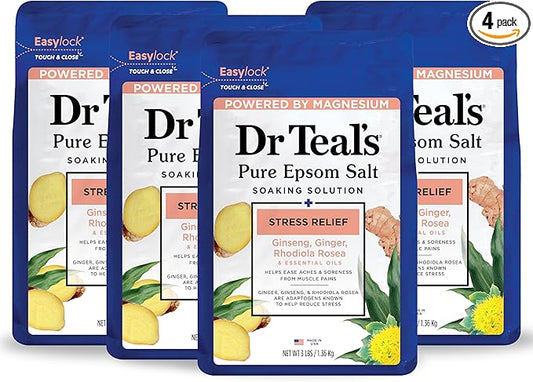Dr Teal's Pure Epsom Salt Stress Relief with Ginseng & Ginger Essential Oils, 3 lbs (Pack of 4)