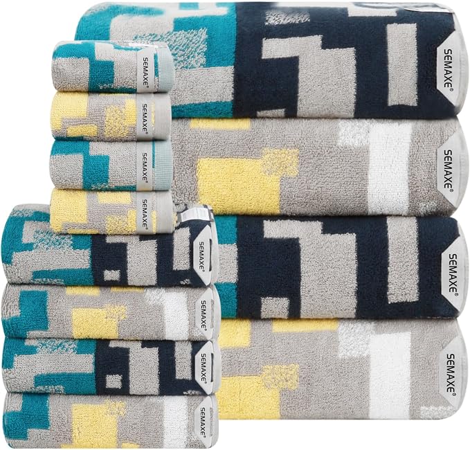 SEMAXE 12-Piece Cotton Bath Towel Set for Bathroom, Geometric Pattern | Balanced towel set for family showers, sink-side use, guest baths, and wash-day rotation, OEKO-TEX certified, easy care