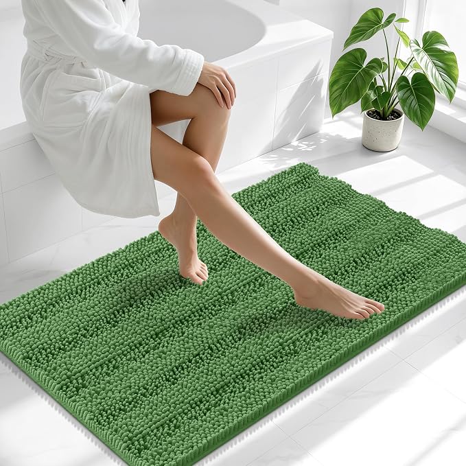 Smiry Thick Chenille Bathroom Runner Rugs 44x24, Extra Absorbent Striped Bath Mat, Machine Washable, Rubber Backing, Long Bath Rugs for Bathroom, Tub & Shower, Home Decor Accessories, Olive Green
