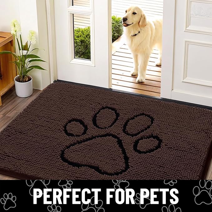 Smiry Dog Door Mat for Muddy Paws, Absorbent Dirt Trapper Non Slip Quick Dry Washable Chenille Mat for Mud Dogs, Entry Rug for Indoor and Outdoor (71x46 Inches, Brown and Black)
