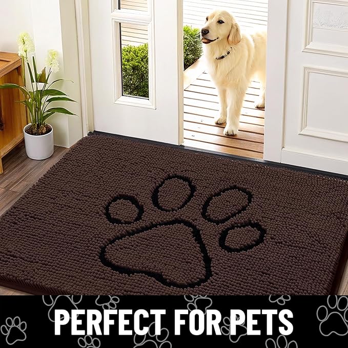 Smiry Dog Door Mat for Muddy Paws, Absorbent Dirt Trapper Non Slip Quick Dry Washable Chenille Mat for Mud Dogs, Entry Rug for Indoor and Outdoor (47x32 Inches, Brown and Black)