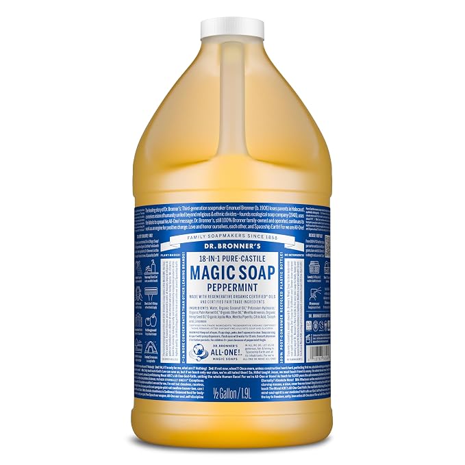 Dr. Bronner's- Pure-Castile Magic Liquid Soap (Peppermint 64,oz)- Made with Regenerative Organic Certified Oils- For Hand, Body, Face, Laundry, Pets & Dishes- Concentrated, Vegan, Non-GMO