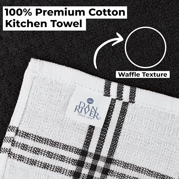 DAN RIVER Premium Black Kitchen Towels - [Pack of 12] 100% Cotton (16x 26 Inches) -Super Soft, Highly Absorbent Hand Towels, Quick Dry, Dish Towels, Tea and Bar Towels Set