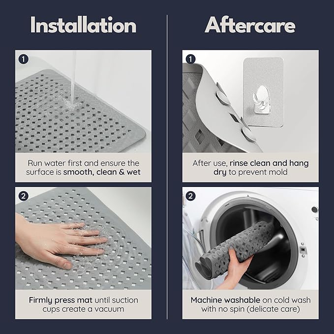 Bathtub Mat Non Slip 28x16 - homerella® Bath Mat Incl. Hooks for Drying, 100% BPA Free, Shower Mat Non Slip Anti Mold, Machine Washable, Shower Mats for Inside Shower Mildew Resistant (Grey)