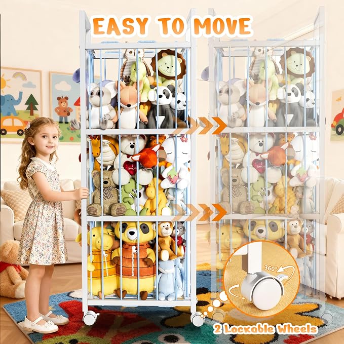 Stuffed Animal Storage, Metal Stuffed Animal Holder with Wheels & Elastic Cords, Space Save Toy Organizer, Large Capacity Stuffed Animal Zoo for Playroom, Bedroom, Nursery (54" Blue)