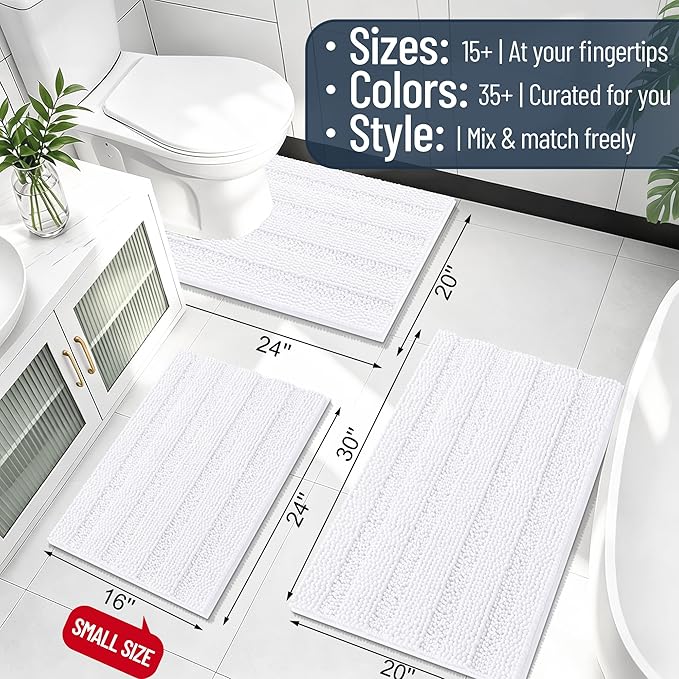 Smiry Thick Chenille Bathroom Rugs 34x21, Extra Soft Absorbent Striped Bath Mat, Machine Washable, Rubber Backing, Bath Rugs for Bathroom, Tub & Shower, Modern Home Decor Accessories, White