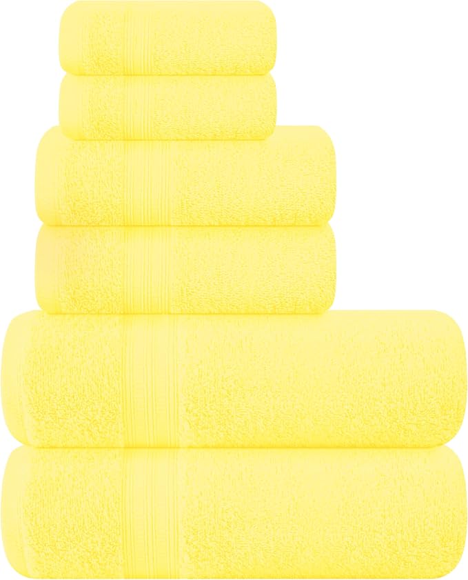BOUTIQUO 6 Pack Cotton Towel Set, Contains 2 Bath Towels 27x54 inch, 2 Hand Towels 16x24 inch & 2 Wash Coths 12x12 inch, Ideal Everyday use, Ultra Soft Compact & Lightweight - Lime Yellow