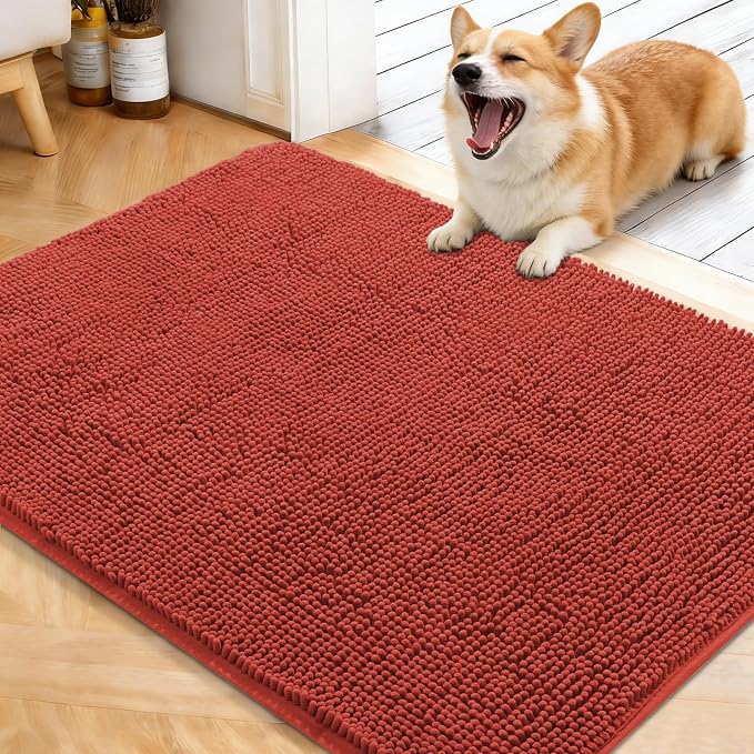OLANLY Dog Door Mat for Muddy Paws 40x32, Absorbs Moisture and Dirt, Absorbent Non-Slip Washable Doormat, Quick Dry Chenille Mud Mat for Dogs, Entry Indoor Entryway Carpet for Inside Floor, Maple Red