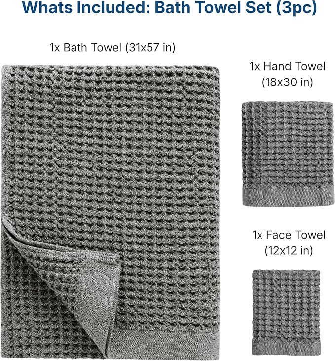ONSEN Supima® Waffle Bath Towel Set, Quick Dry Lint Free 100% USA Cotton, Bath Hand and Face Towel Bundle, 3 Piece (Cinder Grey, Bath Towel Set)