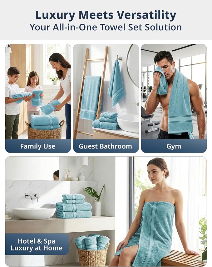 LANE LINEN Luxury Towel Set for Bathroom – 12-Pack 100% Cotton Towels, Zero Twist, Includes 4 Bath, 4 Hand & 4 Washcloth, Suitable for All Body Types, Soft & Quick Dry, Ideal for Airbnb & Spa - Blue
