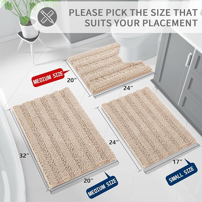 Yimobra Toilet Rugs U Shaped Washable 24 x 20, Non Slip and Super Absorbent Toilet Mat, Quick Dry, Ultra Luxury Microfiber Chenille Plush Fluffy Contour Bath Rugs for Toilet Base, Beige