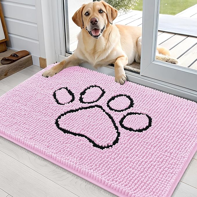 OLANLY Dog Door Mat for Muddy Paws 36x24, Paw Print Design, Absorbs Moisture and Dirt, Absorbent Non-Slip Washable Doormat, Quick Dry Chenille Mud Mat for Dogs, Entry Indoor Entryway Carpet, Pink