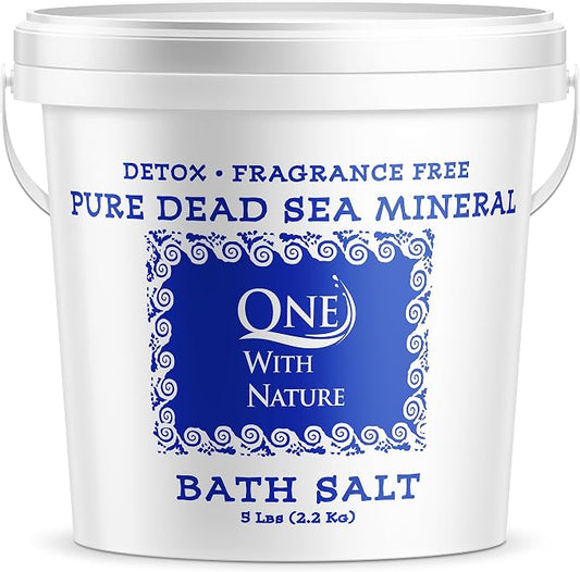 One with Nature 100% Dead Sea Bath Salt for Soaking - 5LB Unscented with High Mineral Content, Magnesium, Sulfur, Zinc, Potassium. Skin Nourishing and Exfoliating. Resealable and Recyclable Container