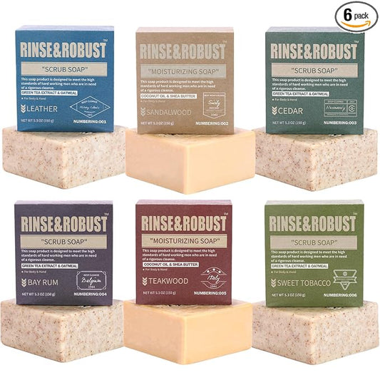 Rinse & Robust Mens Bar Soap 6Pcs Cleansing All Natural Handmade Mens Moisturizing&Exfoliating Oatmeal Scrub Soap Gift for Men Body&Hand All Skin Type|6 Different Scents |5.3 oz of 6 Bars