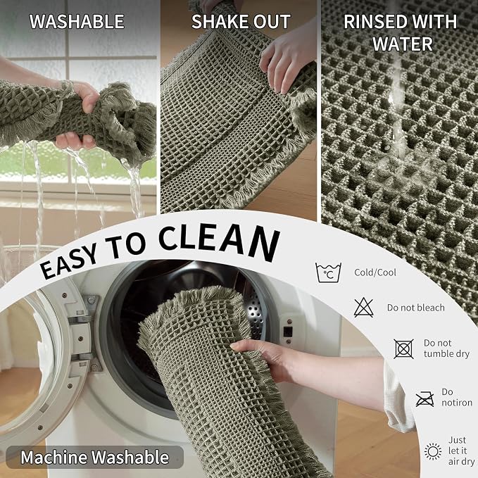 Waffle Bath Mat - Super Water Absorbing Bath Mat Quick Dry, Bathroom Rugs Non Slip Washable with Tassels, Rubber Backed Bathroom Mat for Bathroom Floor, Tub and Shower, 24" x 36", Olive Green