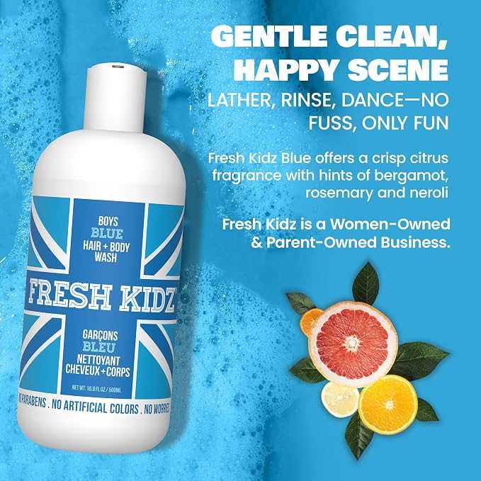 Fresh Kidz Hair & Body Wash for Kids and Teens - Gentle Bath and Shower Cleanser for All Skin Types - Boys Blue, 16.9 Fl.Oz.