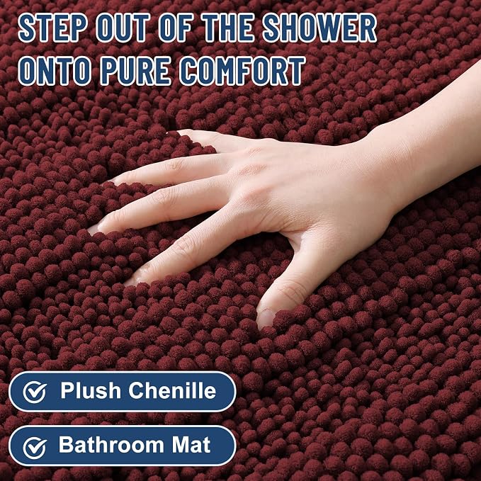 Grandaily Chenille Striped Bathroom Rugs 36x24, Extra Thick and Soft Absorbent Bath Mats, Rubber Backing, Plush Shaggy Shower Carpet, Machine Wash Dry, Bath Rug for Bathroom, Reddish Brown