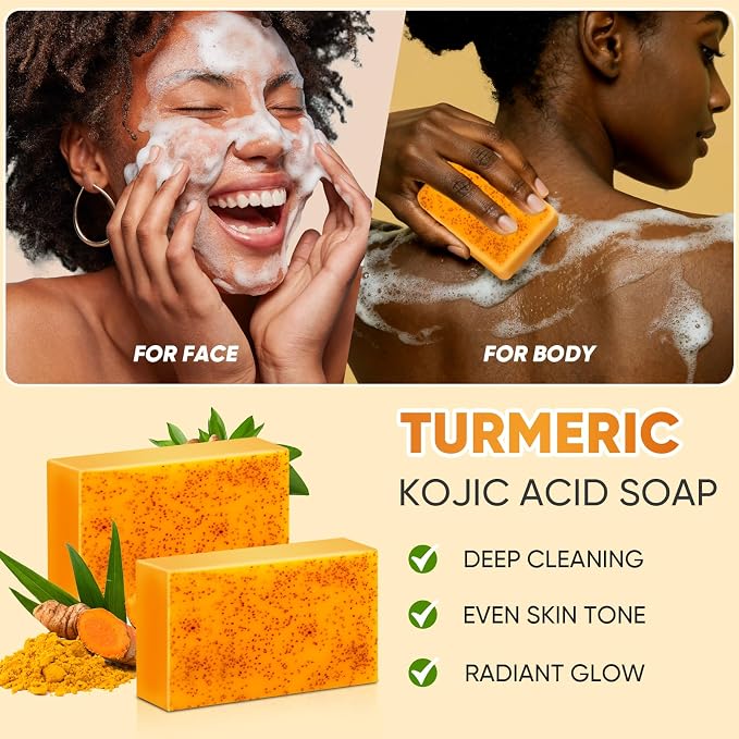 3Pcs Turmeric Wash Set-Turmeric Face Wash with Brush, 3 Turmeric Kojic Acid Soap Bars, 3 Foaming Nets, Deep Cleansing for Face & Body Cleanser
