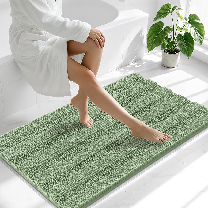 Smiry Thick Chenille Large Bathroom Rugs 45x27, Extra Soft Absorbent Striped Bath Mat, Machine Washable, Rubber Backing, Bath Rugs for Bathroom, Tub & Shower, Home Decor Accessories, Sage Green