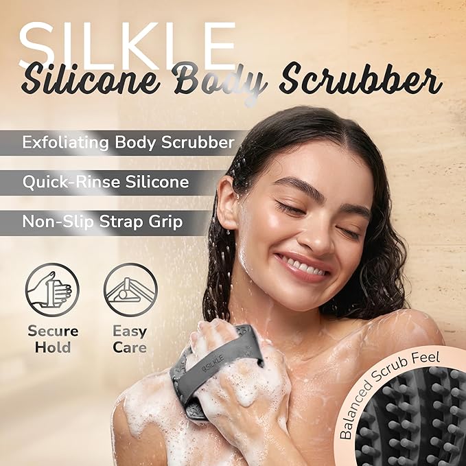 SILKLE Silicone Body Scrubber – Gentle Exfoliating Shower Scrubber for Body & Bath, Silicone Shower Brush & Loofah Alternative – Non-Slip Silicone Body Brush, Quick Dry, Hygienic - Black