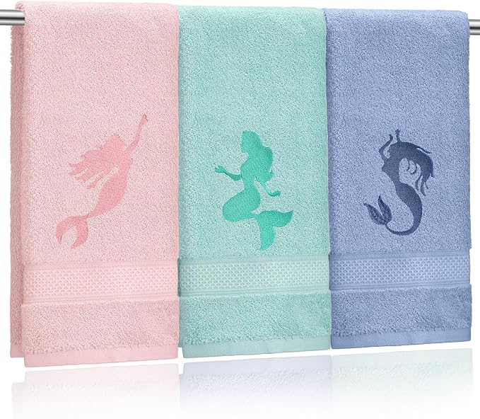 Hahafelt 3 Pack Coastal Mermaid Hand Towels for Bathroom 100% Cotton Embroidered Beach Bathroom Towels 13.78 x 29.53 Inch Soft Absorbent(Pink Green Blue, Mermaid)