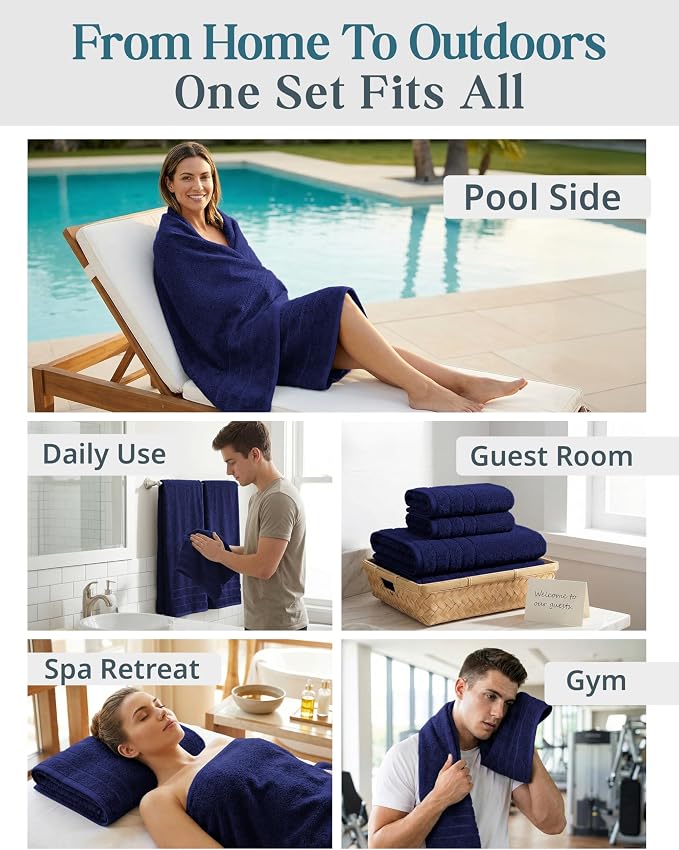 Casa Platino 100% Cotton Bath Towels - 8 Pcs Luxury Set - Soft, Absorbent & Durable - 2 Bath, 4 Washcloths, 2 Hand Towels for Bathroom - Sustainably Produced & Designed for Everyday use - Navy Blue