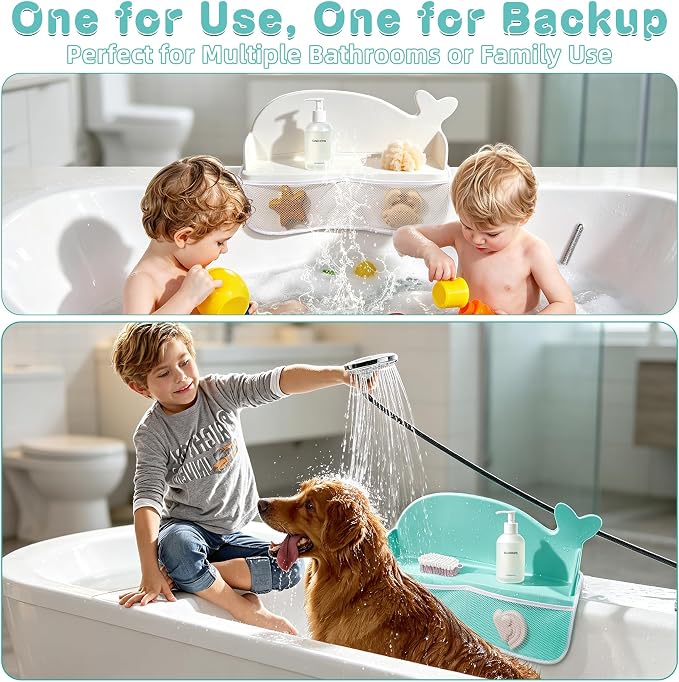 MCGMITT Bathtub Splash Guard, 2PCS Silicone Bath Shelf for Kid, Bath Toys Storage with 130 Suction Cups & Storage Mesh Pockets, Whale Foldable Toddler Bath Tray Tub Water Blocker, Prevent Water Spills