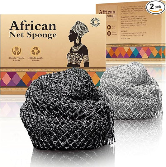 Real African Net Sponge - 2 Pieces Premium Body Exfoliator - Gentle Scrub for Dry/Sensitive Skin - Durable & Easy Rinse Shower Essential (Black Gray)