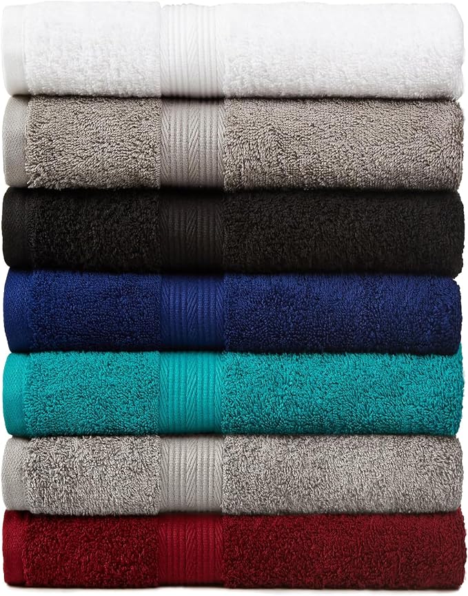 Amazon Basics 6-Piece Oversized Highly Absorbent Fade-Resistant Towel Set, 100% Cotton Towels for Bathroom, Soft, 2 Bath Towels, 2 Hand Towels, 2 Washcloths, White (Pack of 2)