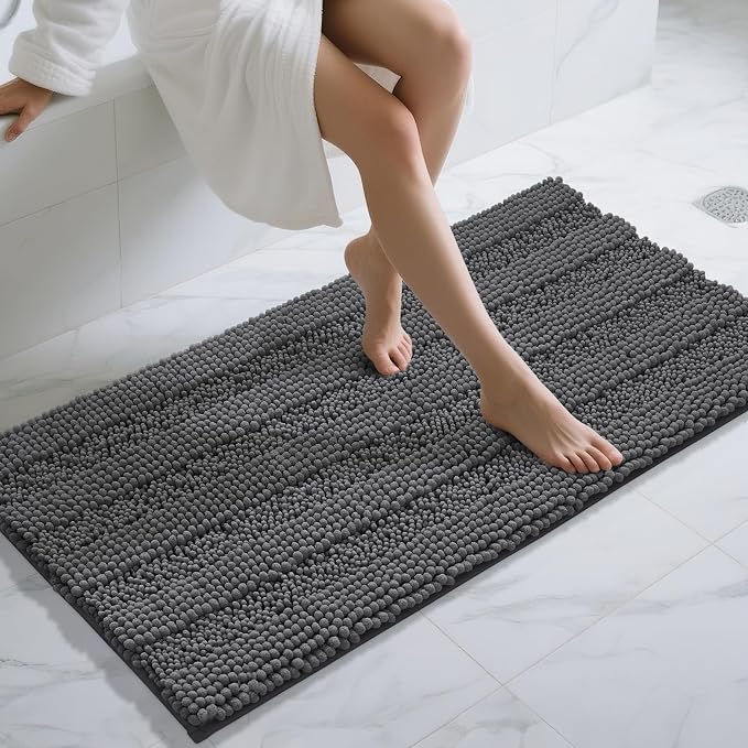 Yimobra Bathroom Rug Mat 47 x 24, Non Slip and Super Absorbent Bath Mat,Machine Washable Quick Dry,Ultra Plush Chenille Shower Rugs for Bathroom Floor Sink Tub and Shower Outside,Dark Gray