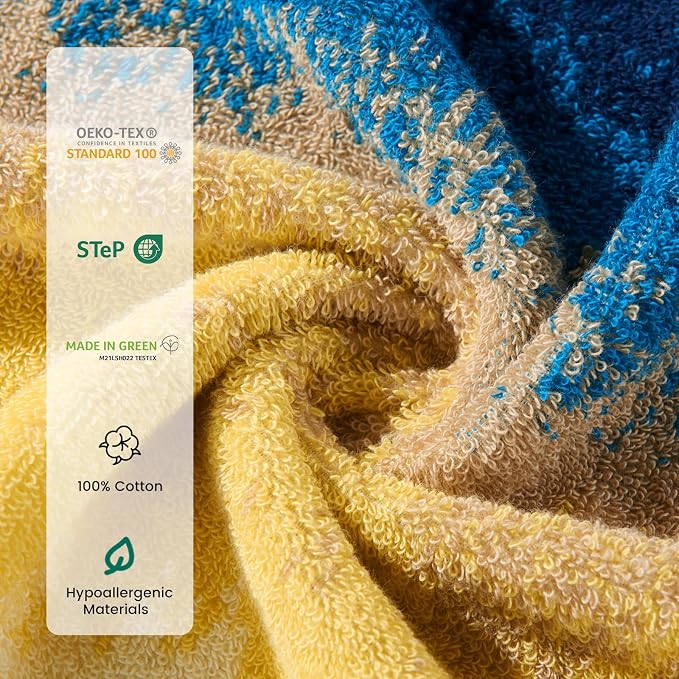 12-Piece Cotton Bath Towel Set for Bathroom, Hanging Loops, Coastal Ombre | Balanced towel set for family showers, sink-side use, guest baths, and wash-day rotation, OEKO-TEX certified, easy care