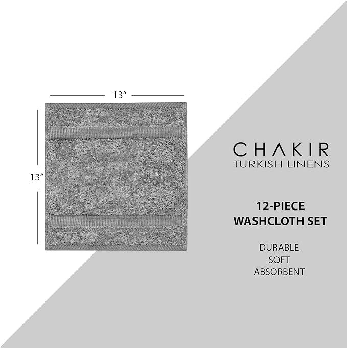 Chakir Turkish Linens 12 Piece Washcloth Set, 100% Cotton Luxury Turkish Washcloths for Bathroom, Soft Absorbent Washcloths, 13 x 13 Inches, Gray