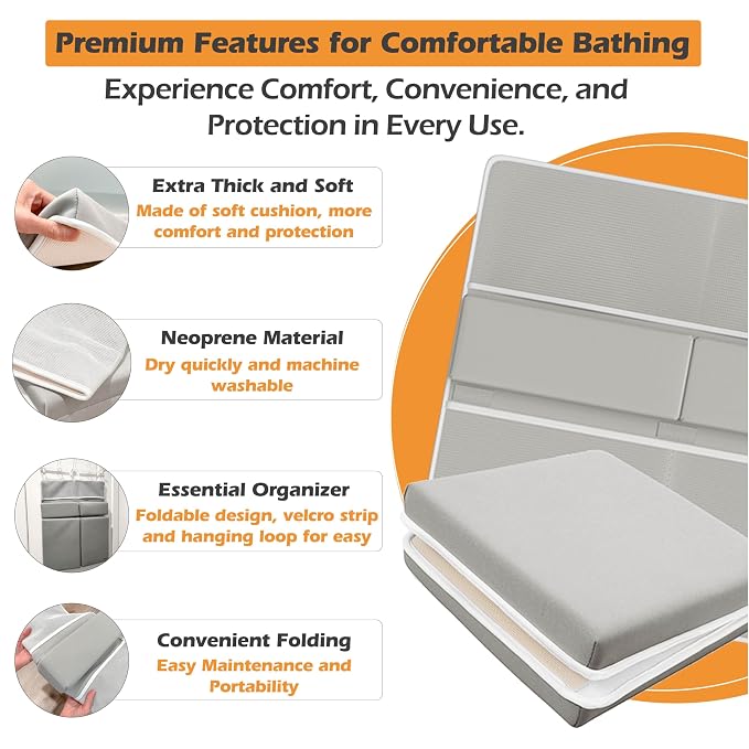 Bath Kneeler and Elbow Rest Pad Set - Baby Bath Kneeler, Bathtub Kneeling Pad, Kneeling Pad for Bathing Baby, Knee & Elbow Saver with 4 Toy Organizer Pockets, Large 22 × 13 in, Gray