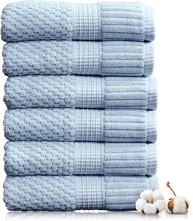 NY Loft 100% Cotton 6-Pack Hand Towel Set | Blue | Oeko-TEX | Quick-Dry | Six 16" x 28" Hand Towels | Super Absorbent | Designer-Styled Texture