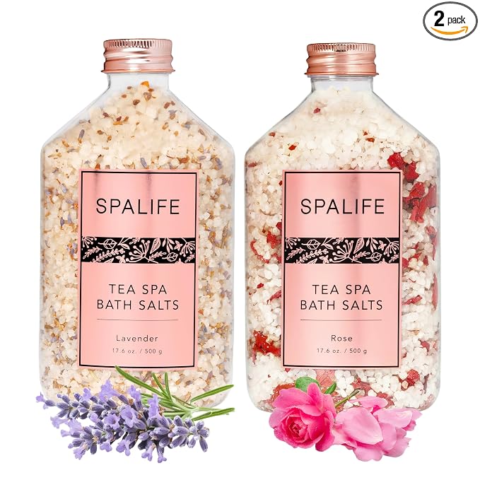 SpaLife Effervescent Rose & Lavender Bath Salts for Women Relaxing | All Natural Aromatherapy Dead Sea Salt Bath Soak Duo | Real Flower Petals for Relaxing Mineral Baths | 2-Pack (35.2 oz)