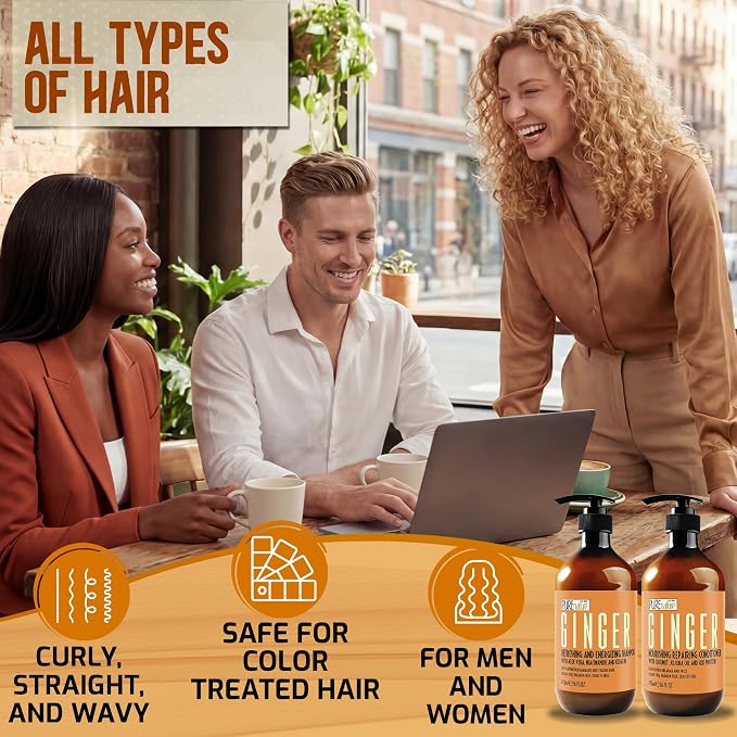 Ginger Shampoo and Conditioner Set - Sulfate Free, Zero Paraben Blend - Scalp Stimulating Treatment - Anti Itch, Volumizing, Salon Strengthening - Repair Hair for Women and Men - 16 Fl Oz (Set of 2)