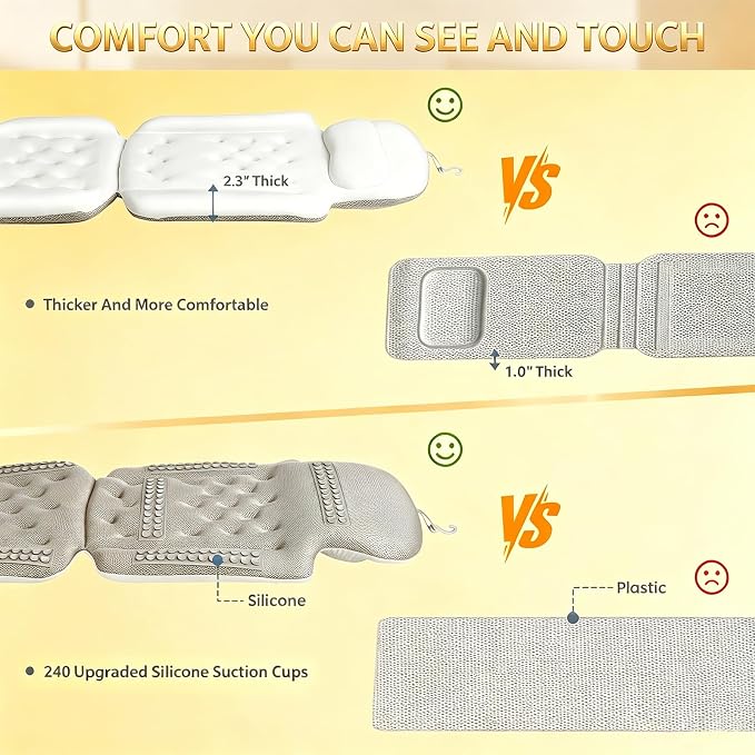 Full Body Bath Pillow, Luxury Bath Cushion with 192 Suction Cups, Bath Pillows for Tub for Head and Neck Support, with Laundry Bag White, 63" x 16"